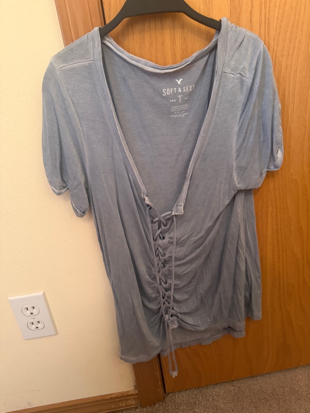 Women's Light Blue Lace-Up V-Neck Top
